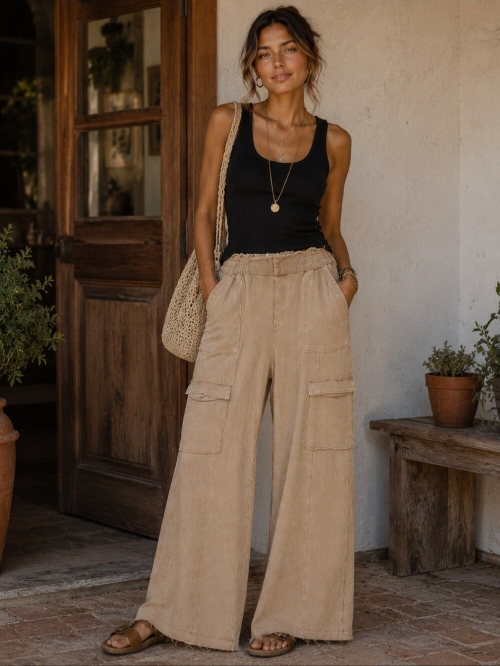 Tan Wide Leg Cargo Pants Boho Utility Relaxed Fit Earth Tone Lounge Pants